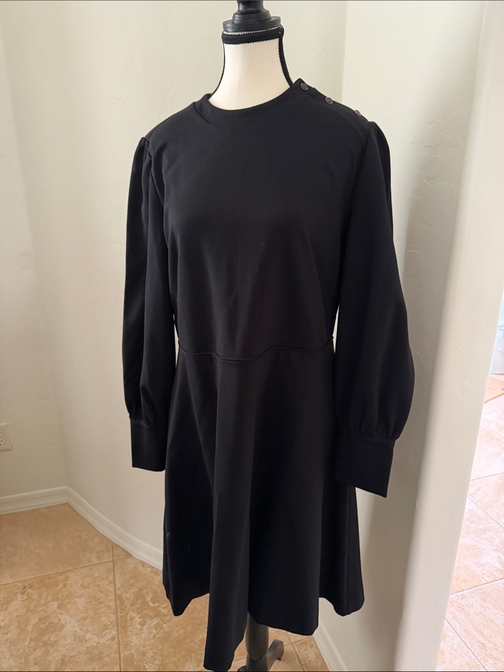 Ann Taylor Black Long-Sleeve A-Line Dress with Button Shoulder